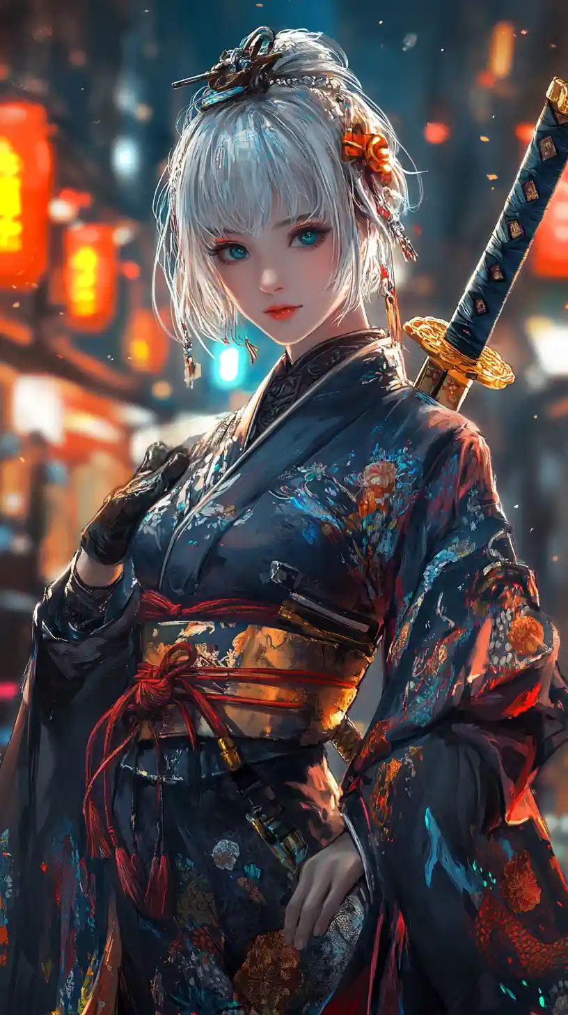 Samurai-Frau im Drachenkimono auf neonbeleuchteter Straße