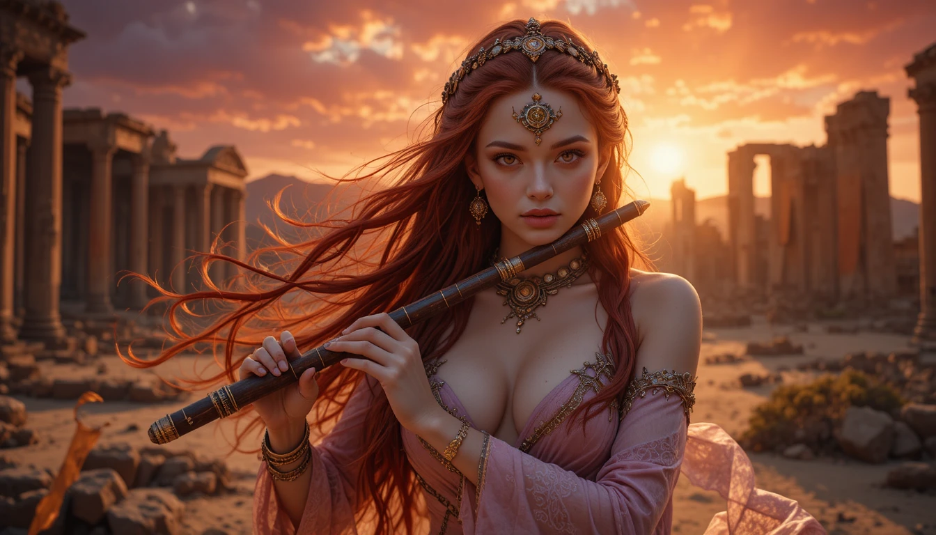 Barda de fantasia ruiva tocando flauta em ruínas no deserto