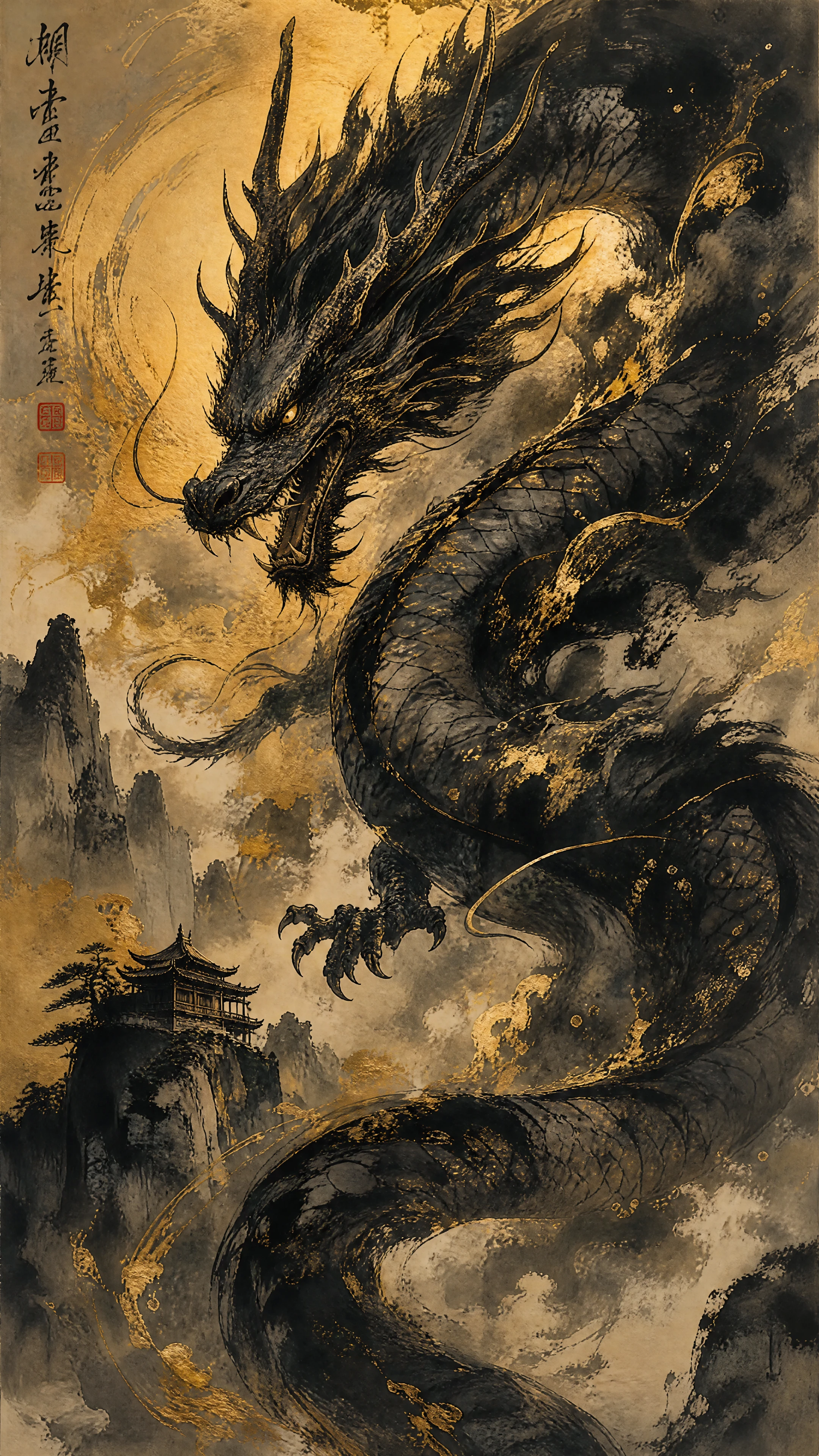 Dragón japonés en tinta con detalles negros y dorados brillantes