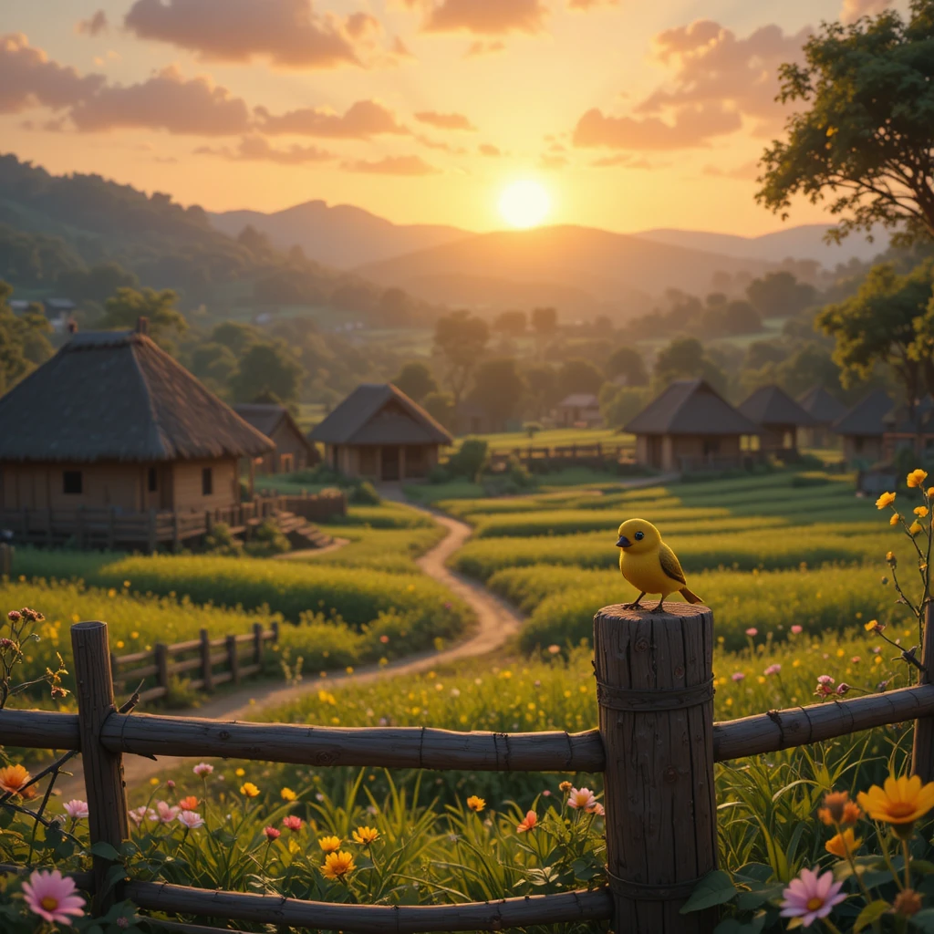 Lever de soleil dans un village télougou avec un minuscule oiseau jaune
