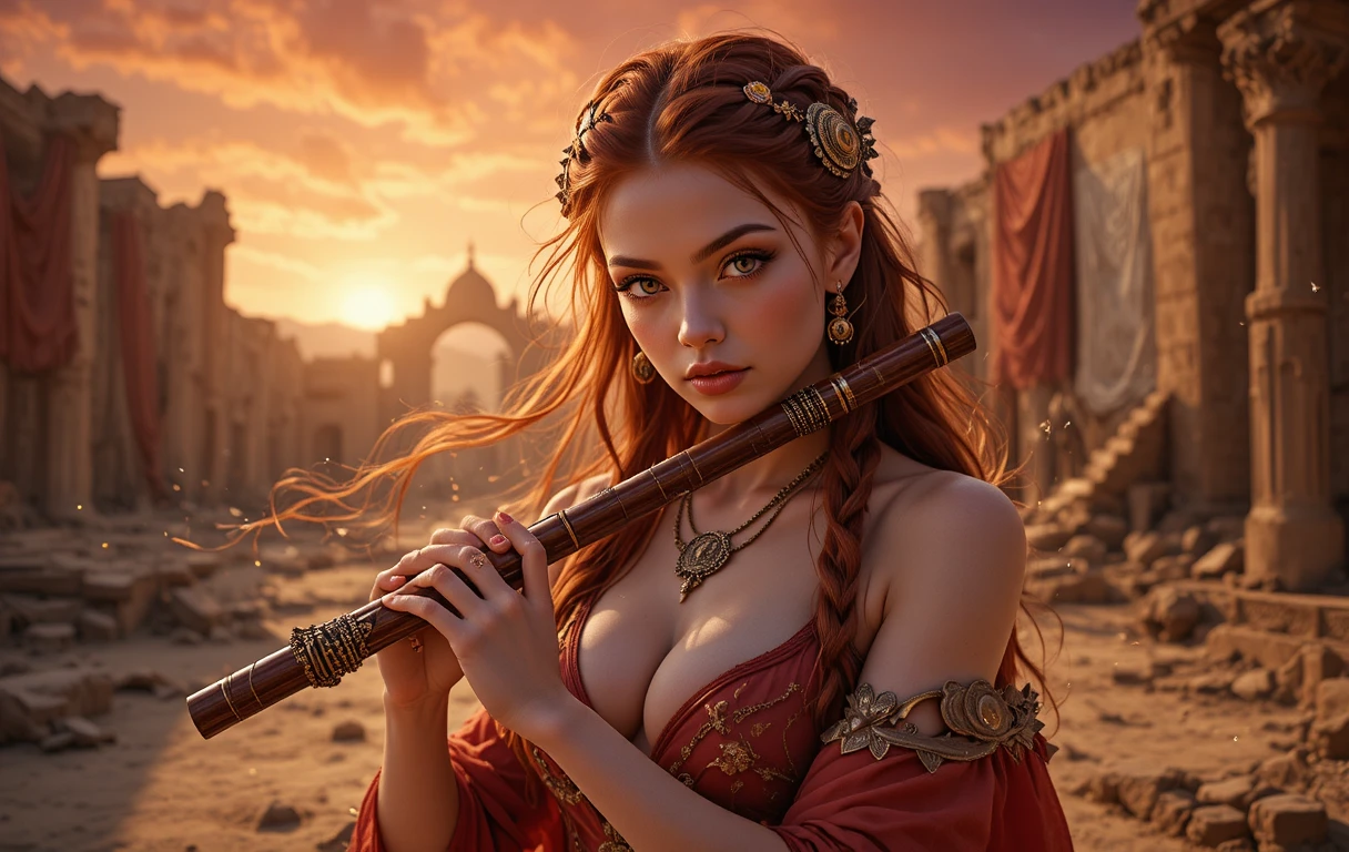 Barda de fantasia ruiva tocando flauta em ruínas no deserto