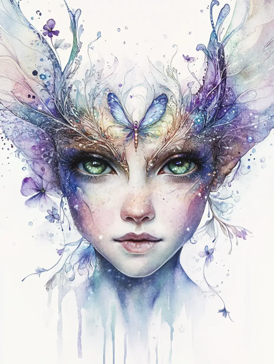 Watercolor fairy girl close up with shimmering floral crown