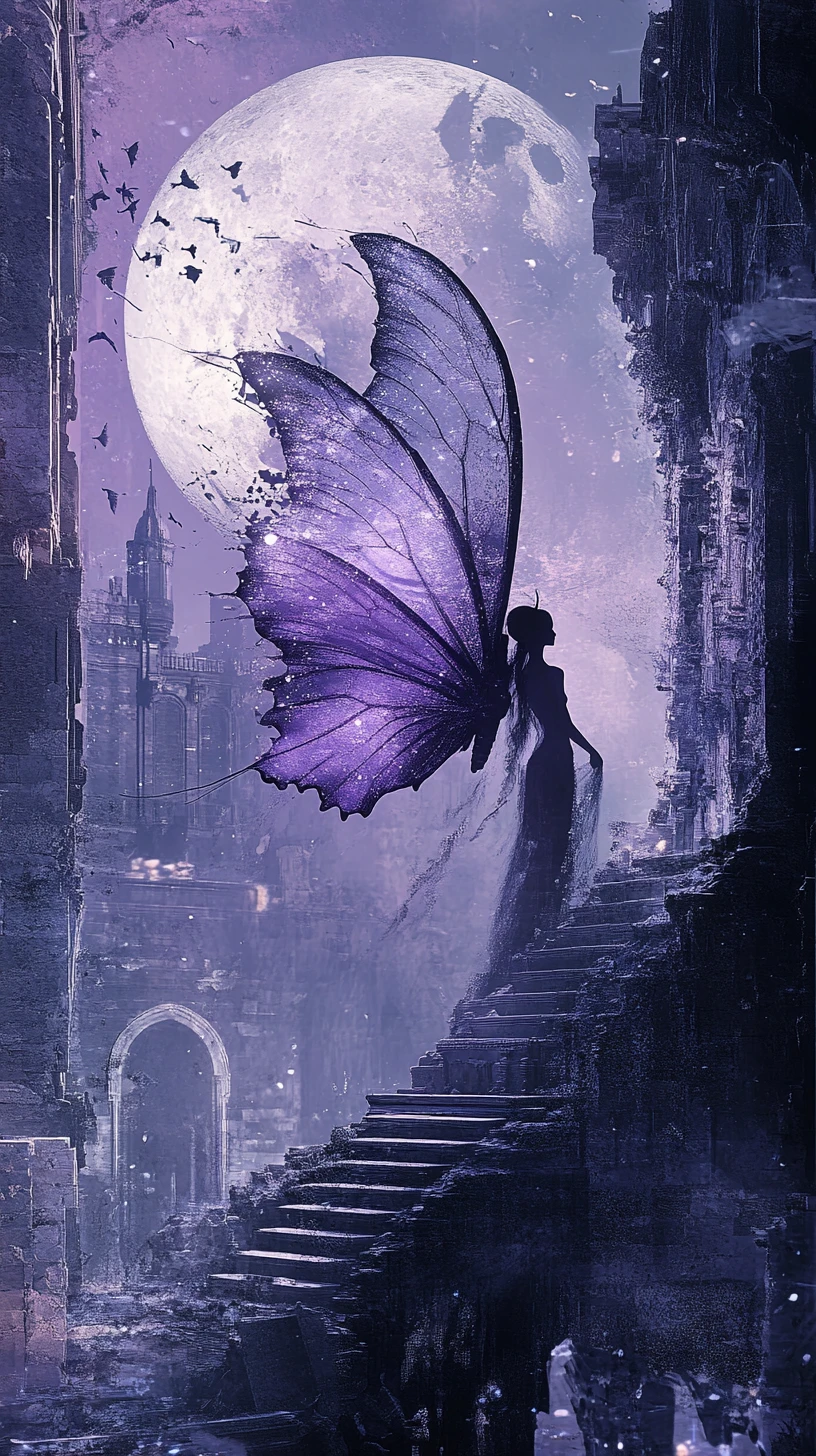 Silhueta Surreal de Mulher com Asas de Mariposa Lunar em Palácio ao Luar