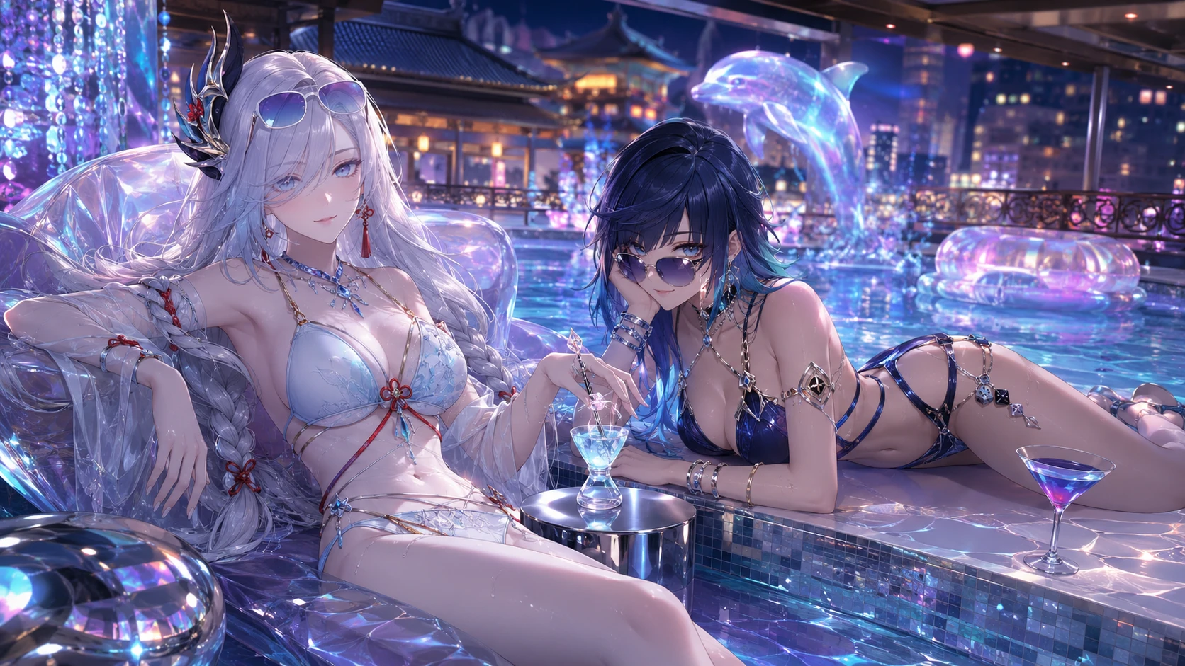 Femmes d’anime se relaxant dans une piscine à débordement intérieure au néon