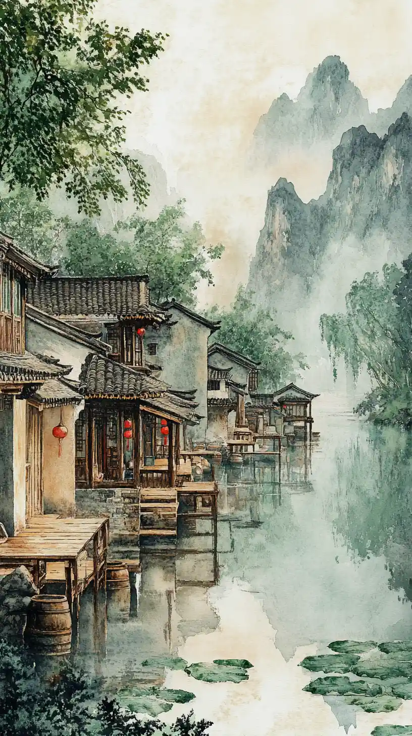 穏やかな中国の川沿いの村・霞がかった水彩画スタイル