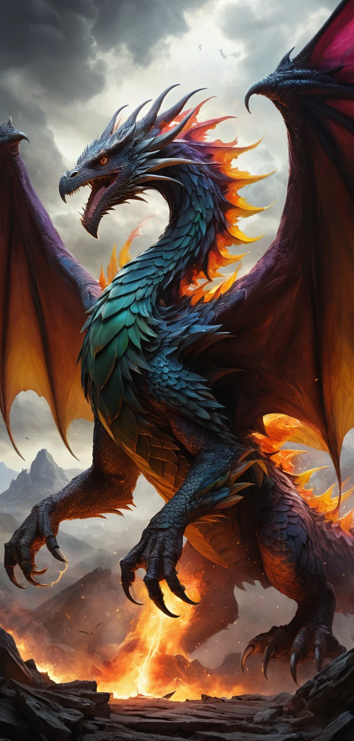 Combat de dragons surréaliste sous un ciel chargé de tempête