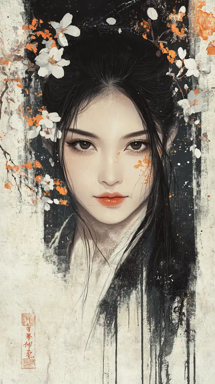 Elegantes Porträt einer asiatischen Frau mit abstraktem Grunge-Hintergrund