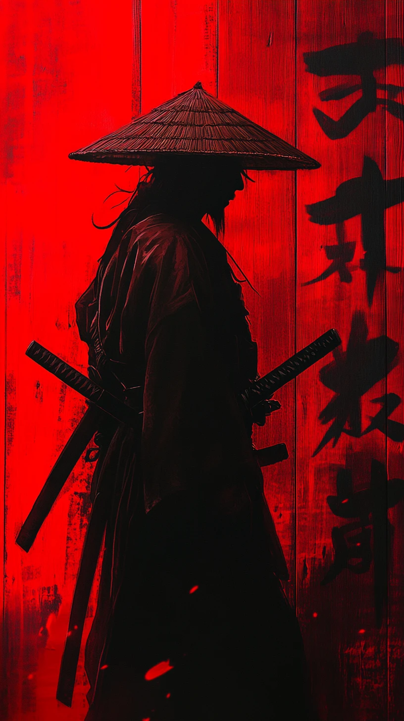 Samurai em Silhueta diante de Parede de Madeira com Kanji Vermelho