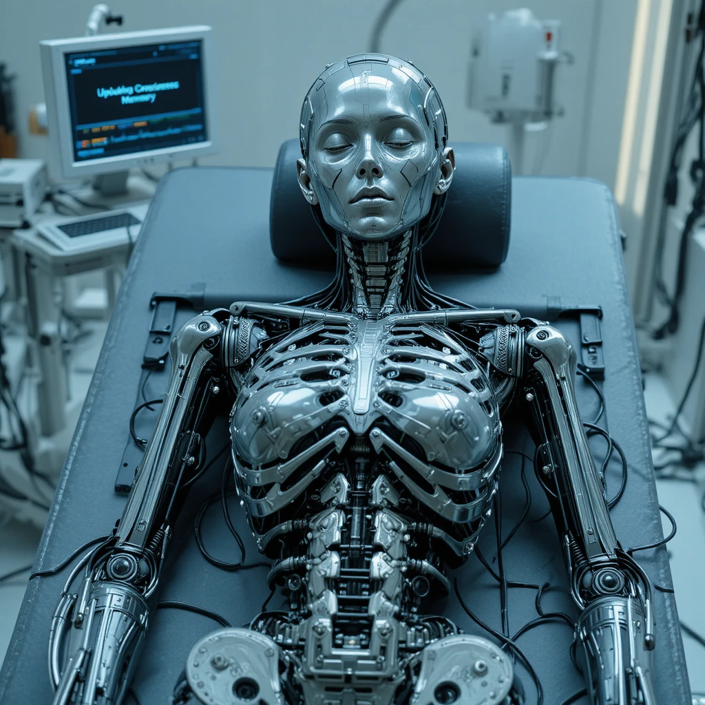 Donna androide cibernetica su tavolo operatorio in laboratorio
