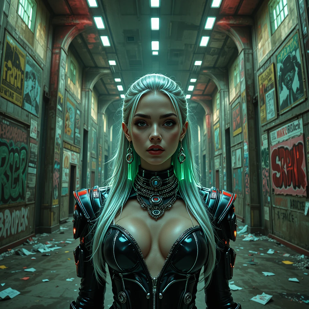 Cyberpunk fashion woman in brutalist transit terminal