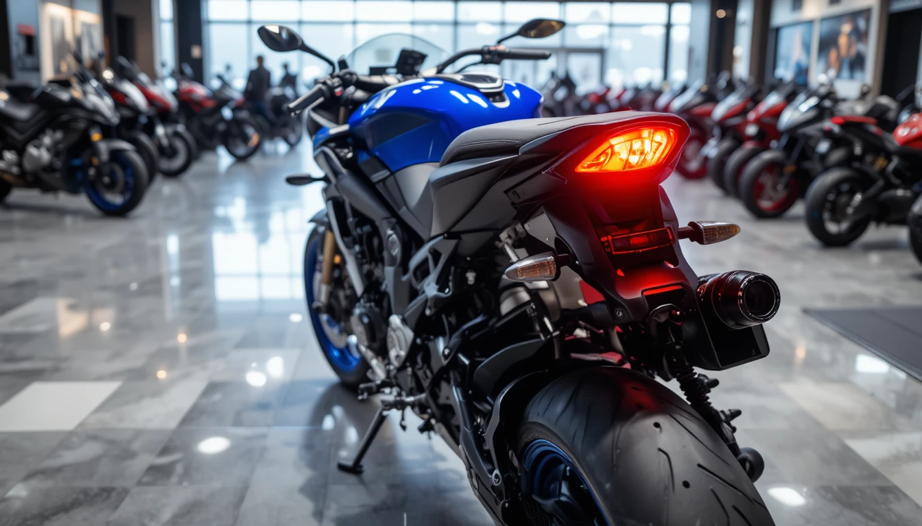 Vista traseira de uma moto esportiva moderna em showroom