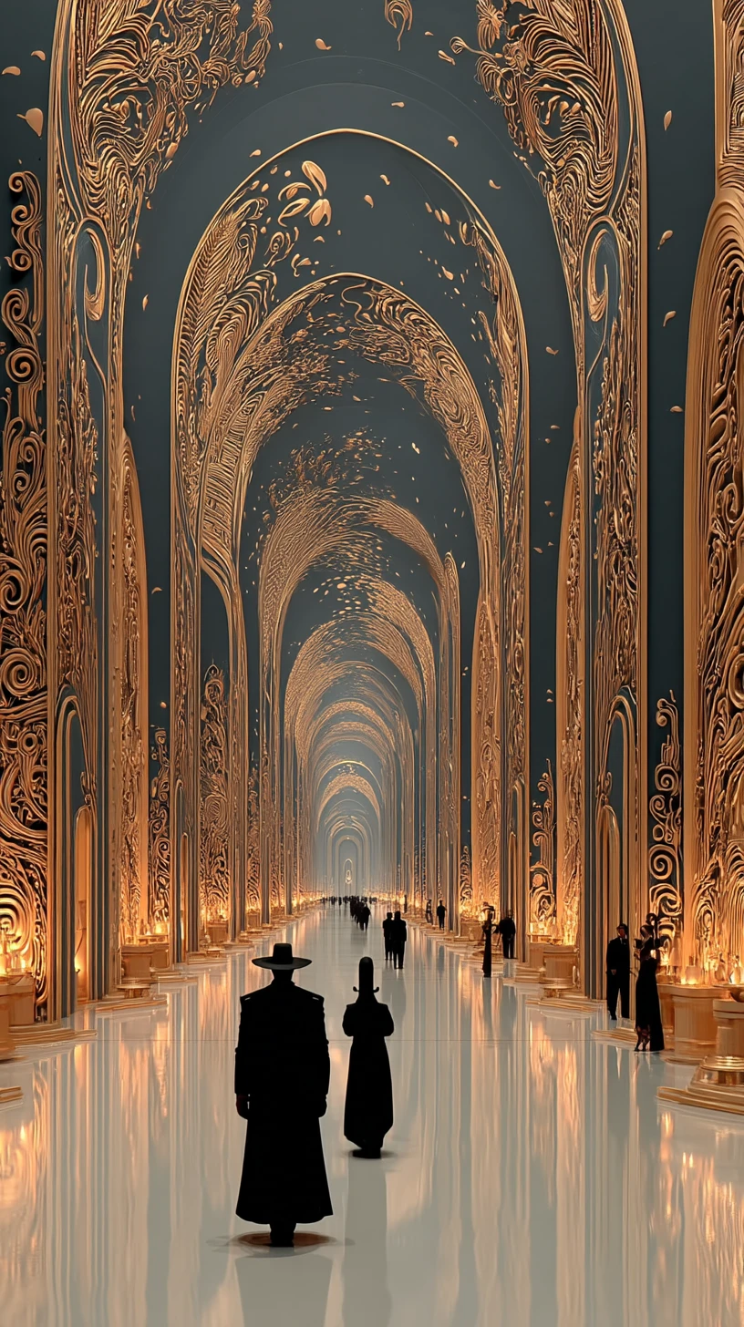 Gardes cyberpunk dans un somptueux palais doré surréaliste