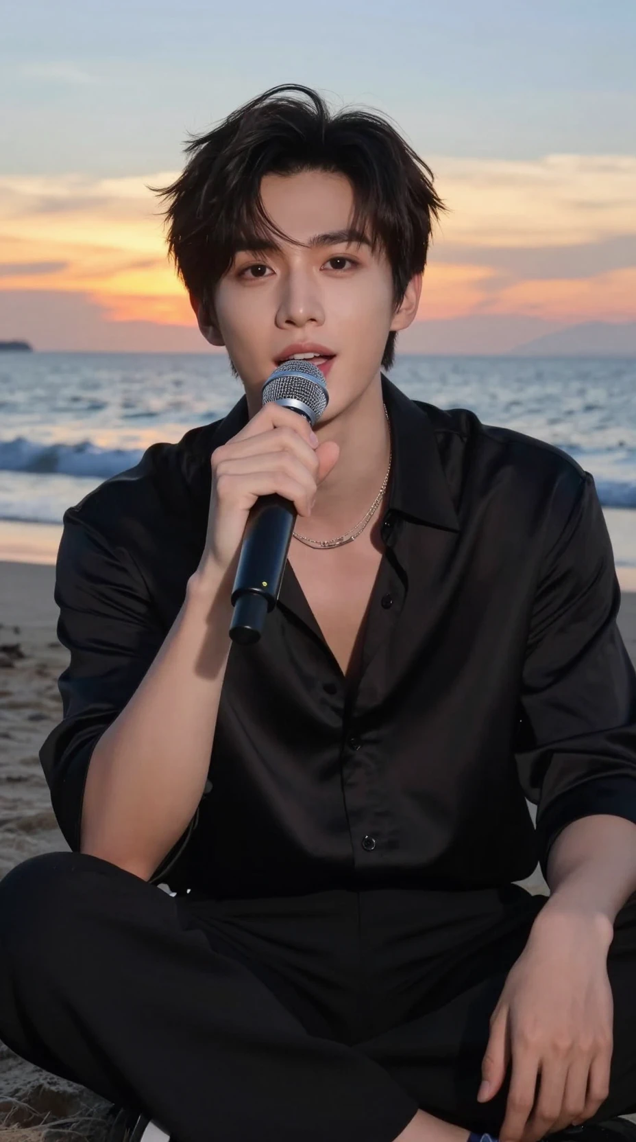 Junger asiatischer Mann singt am Strand bei Sonnenuntergang