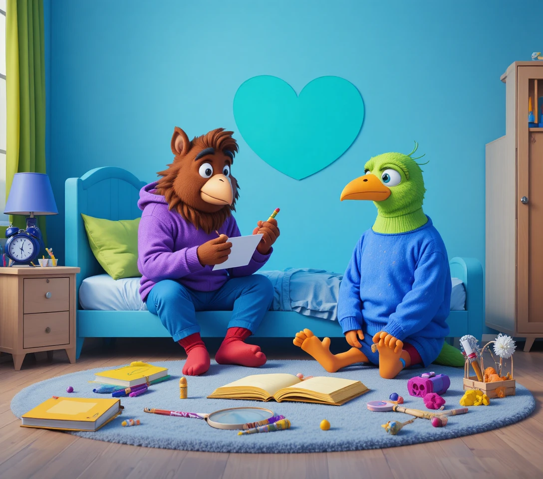 Vermenschlichter Bär und Vogel auf einem Bett im Schlafzimmer