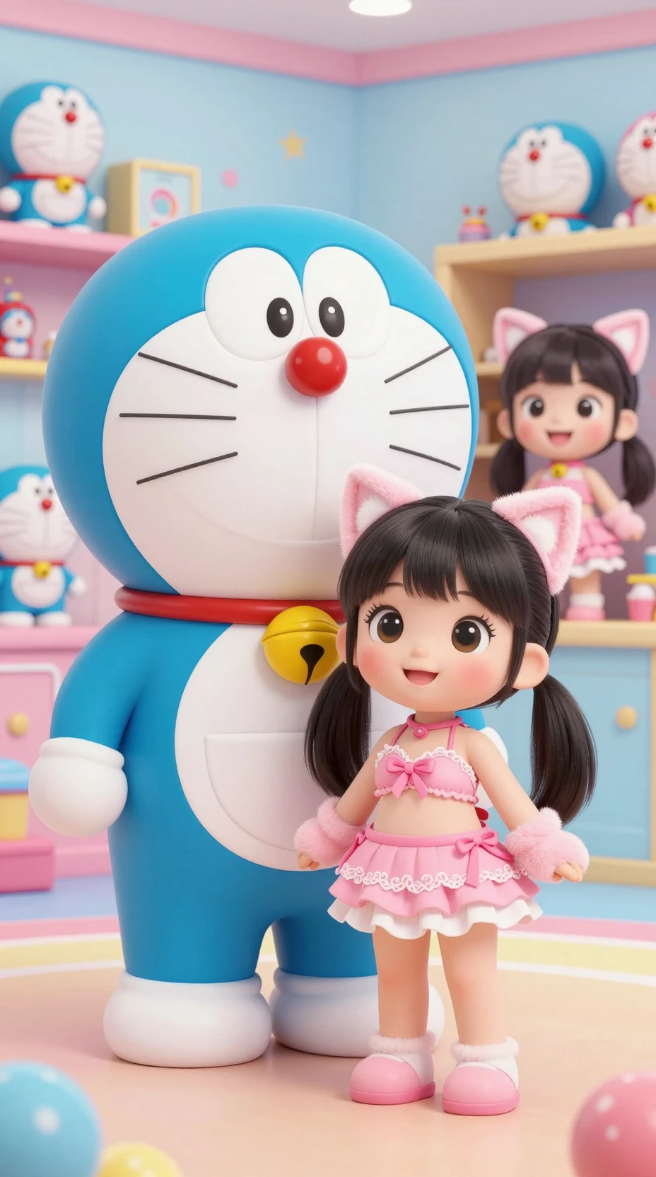 Enfants joyeux en tenues kawaii dans une pièce colorée