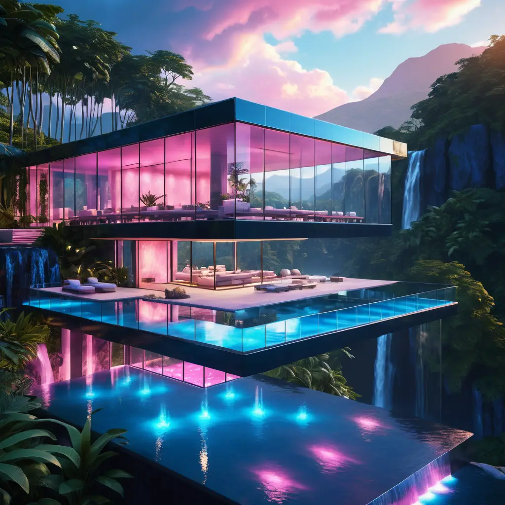 Casa moderna de vidro na montanha com piscina de borda infinita ao pôr do sol