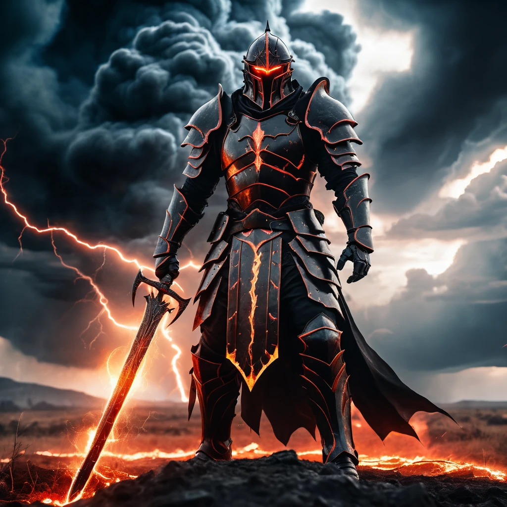 Dunkler gepanzerter Krieger in einem brennenden Fantasy-Schlachtfeld
