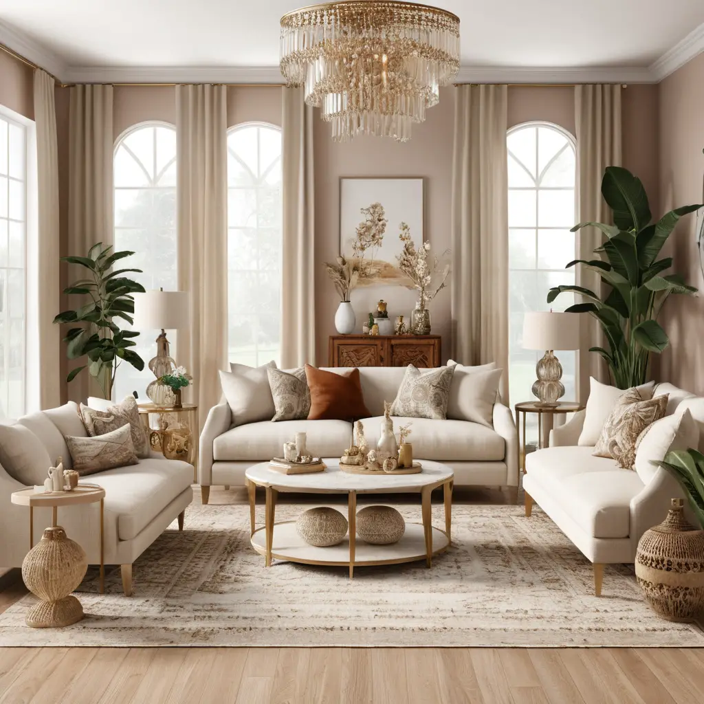 Salon bohème avec accents beige en rendu 3D