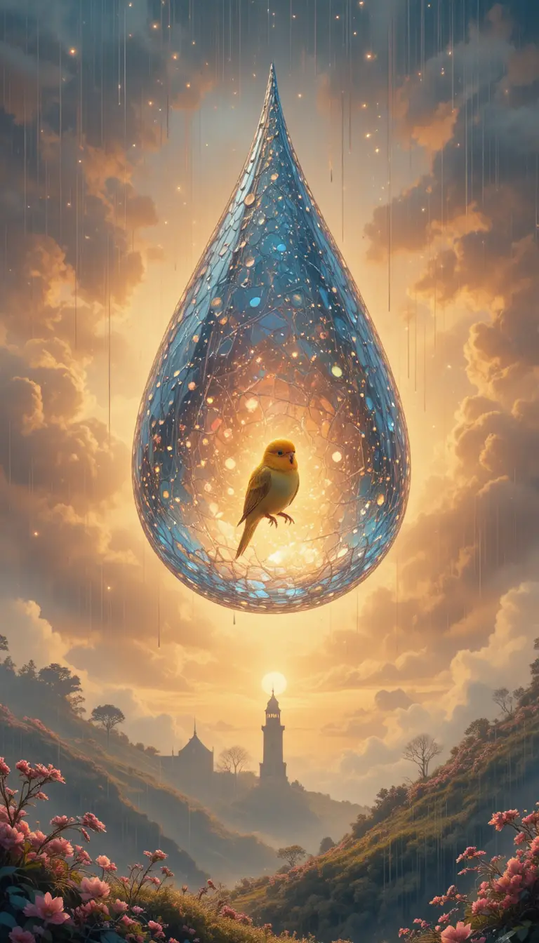 Giant floating raindrop sheltering a tiny bird