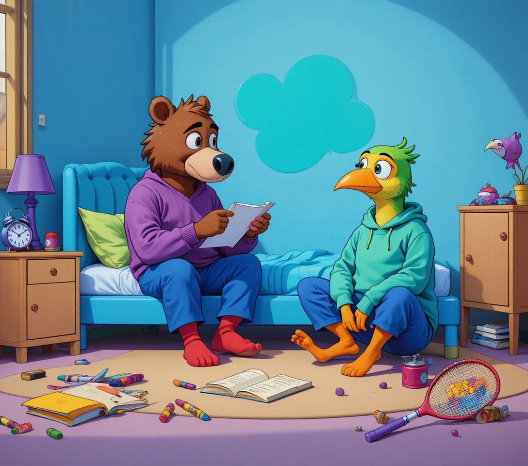 Ours et oiseau de dessin animé discutant sur un lit coloré de chambre