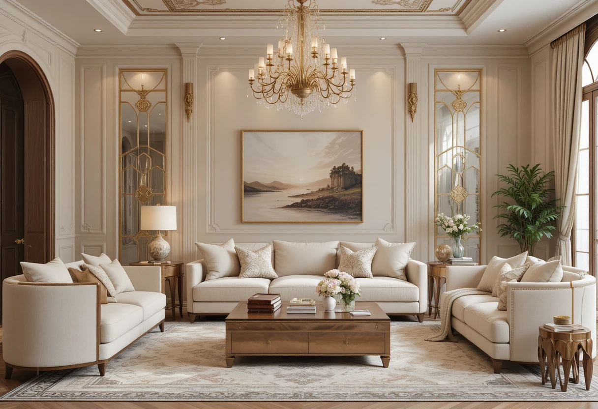 Bohemian living room interior with soft beige accents