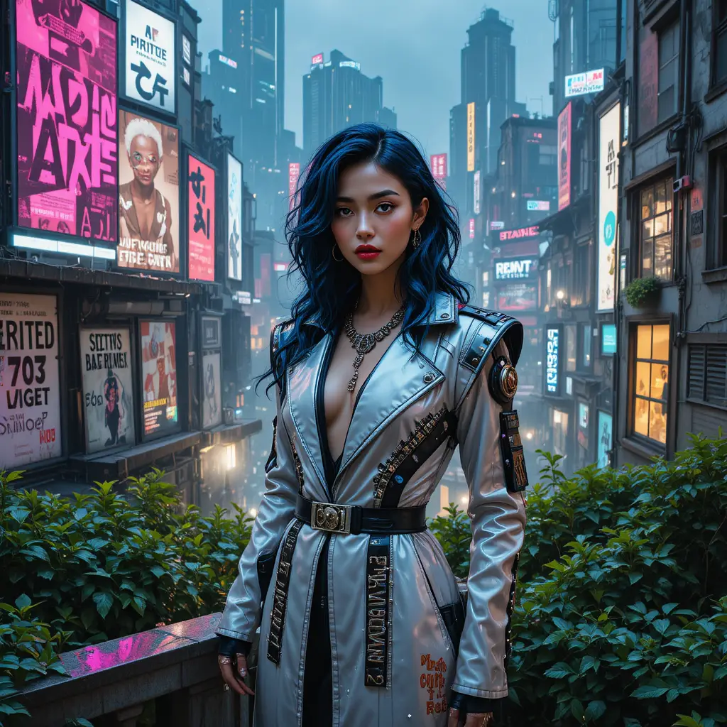 Cyberpunk fashion woman on a rainy rooftop garden