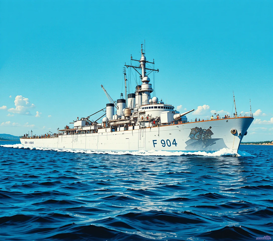 Navio de guerra branco com marcação F 904 navegando em águas azuis calmas