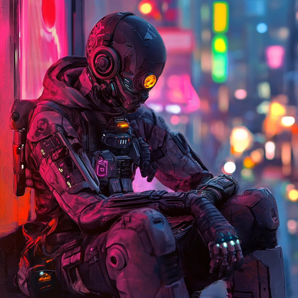 Cavaleiro pássaro blindado cyberpunk empoleirado em um galho de primavera