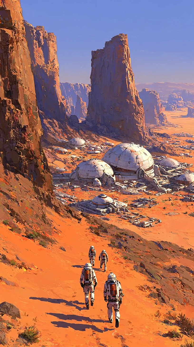 Astronauti in avvicinamento a un insediamento marziano futuristico all'alba
