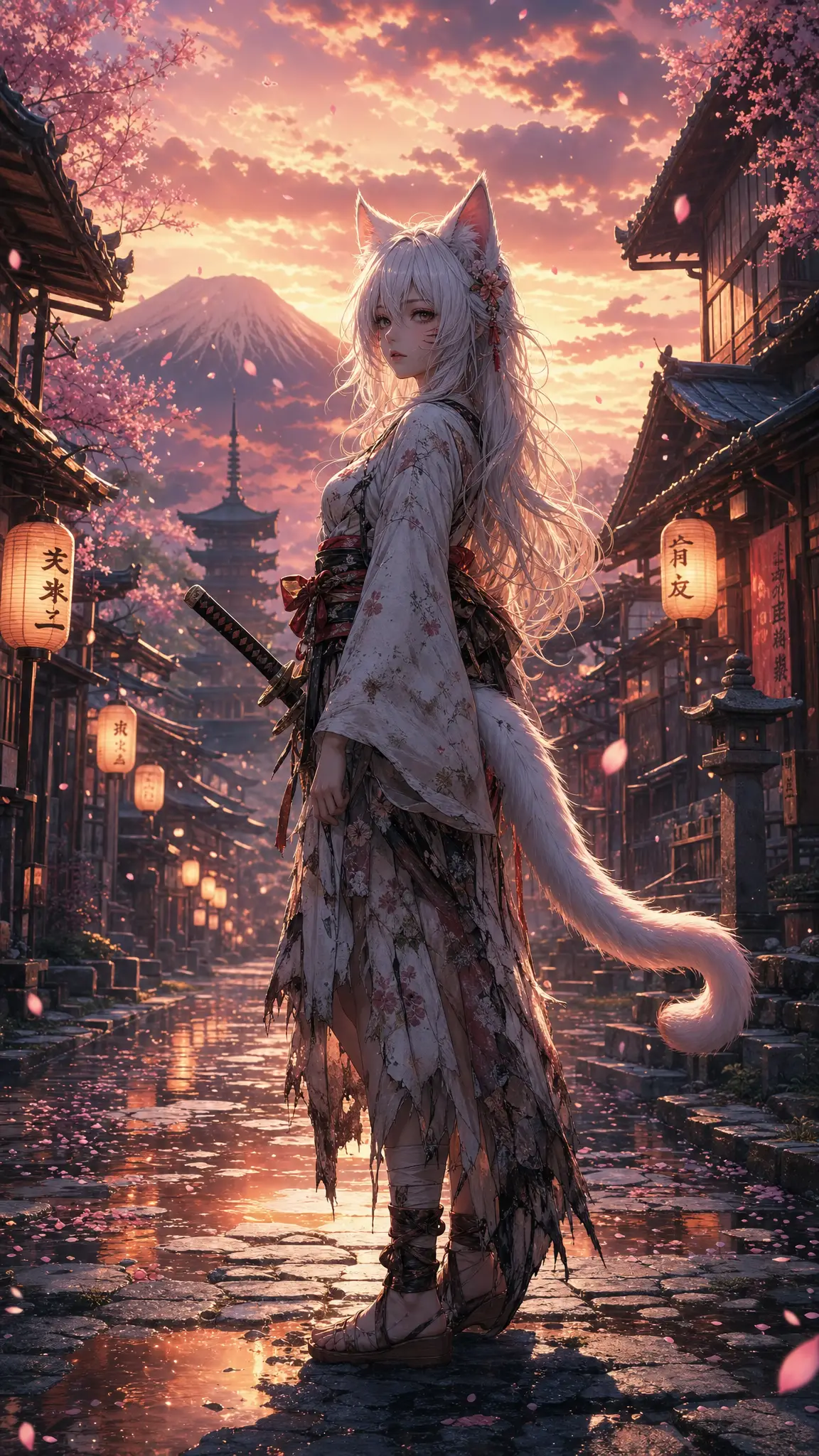 Guerrière fille-chat en kimono en lambeaux dans une rue de village