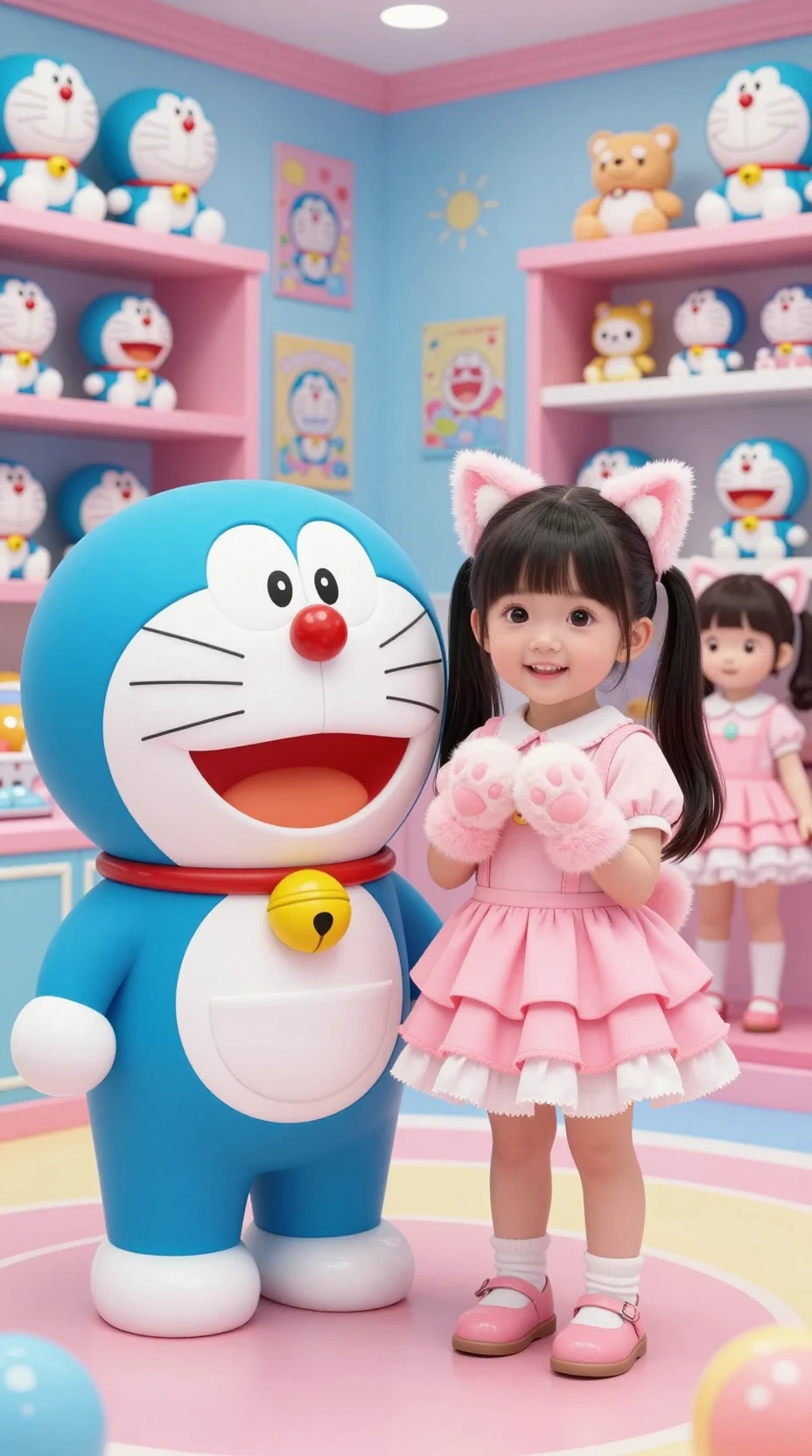 Crianças fofas em cosplay azul e rosa em um quarto cheio de brinquedos