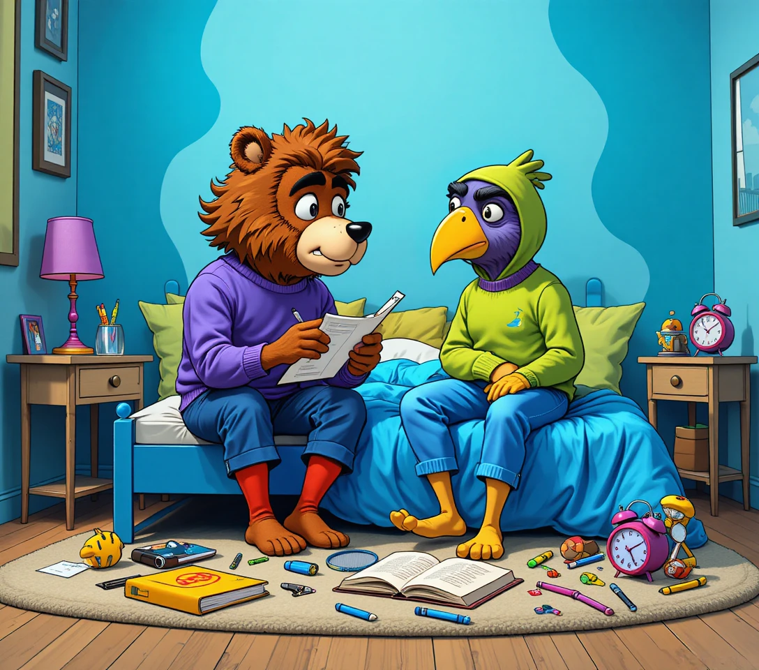 Ours et oiseau anthropomorphes discutant sur un lit coloré