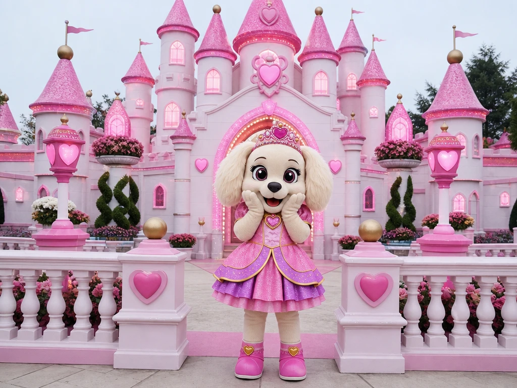 Mascotte de chien princesse devant un château fantastique coloré