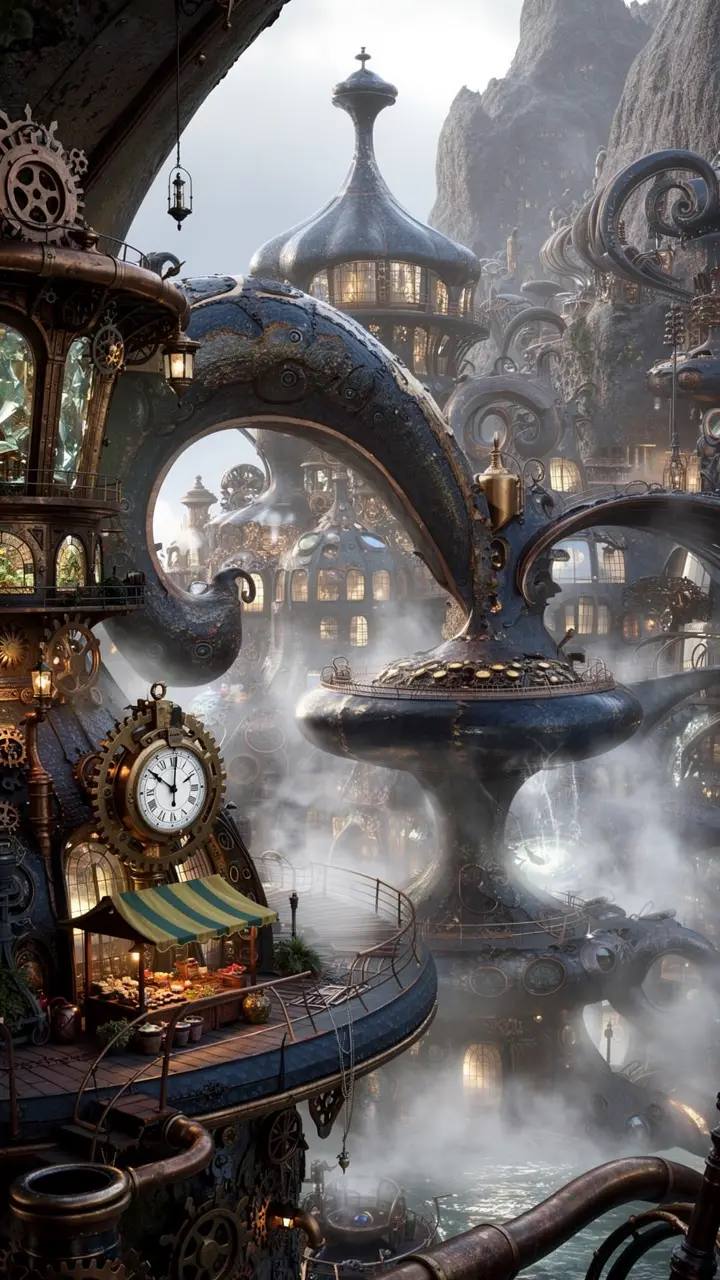 Villaggio Steampunk Fantasy di Architettura Metallica Organica