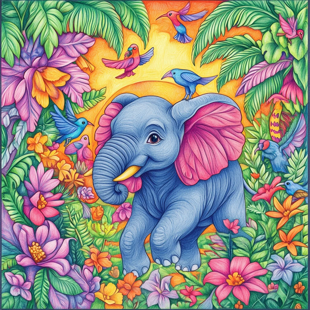 Éléphant joyeux jouant avec des oiseaux dans la jungle tropicale