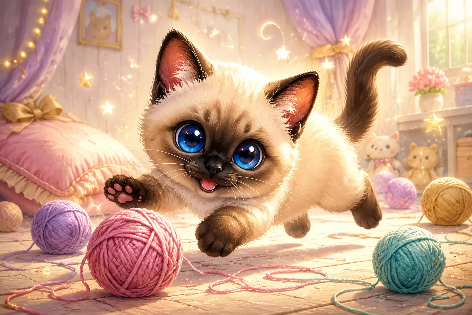 Chaton siamois chibi poursuivant du fil pastel sur le sol de la chambre de bébé