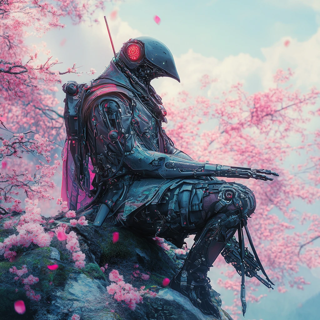 Cavaleiro-grou blindado cyberpunk pousado em galho de primavera