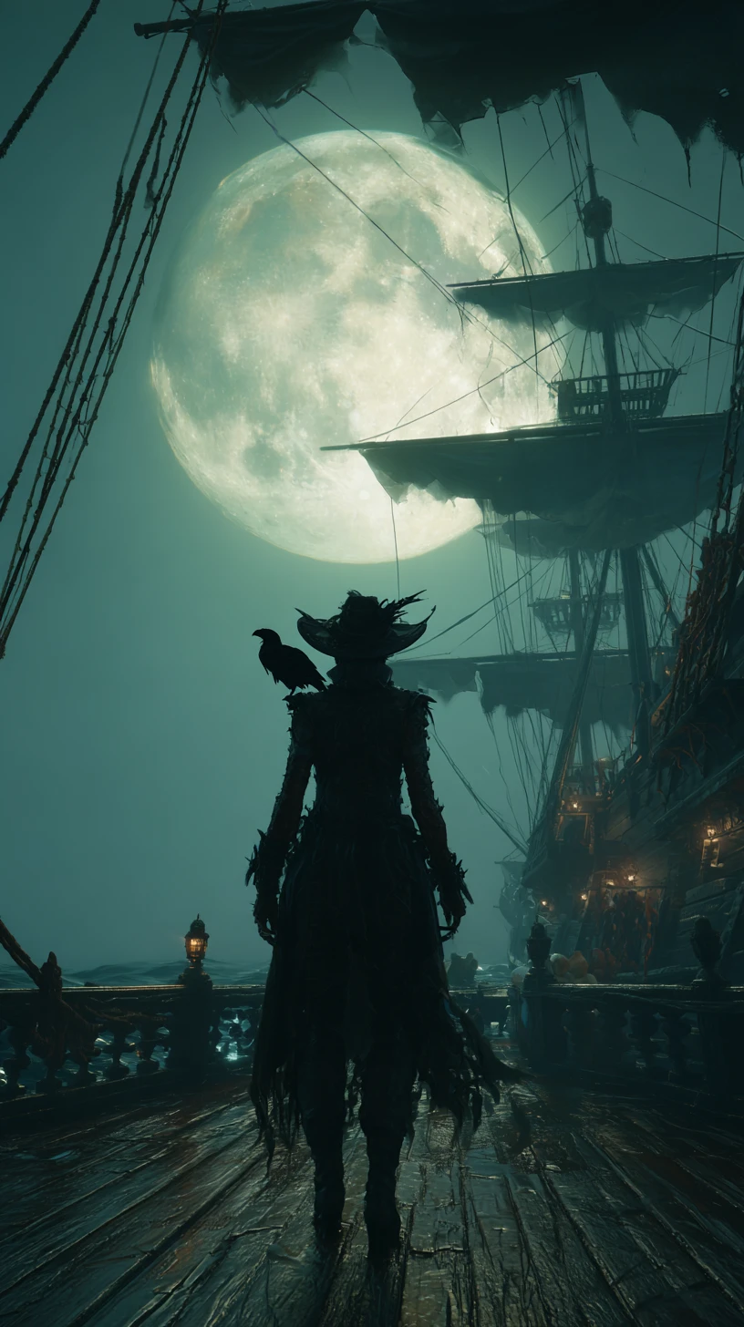 Capitaine Pirate Mort-Vivante sur Navire Fantôme sous la Pleine Lune