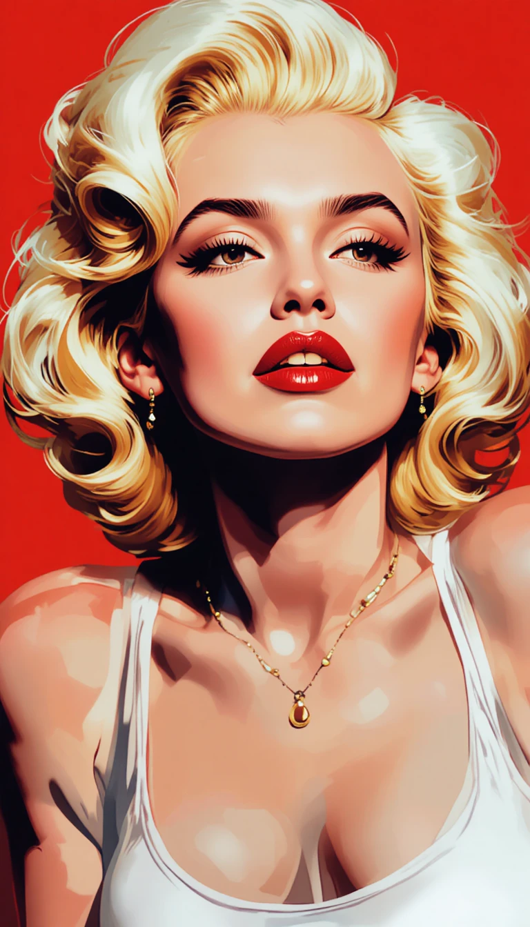 Retrato pop art de Marilyn Monroe sobre un intenso fondo rojo