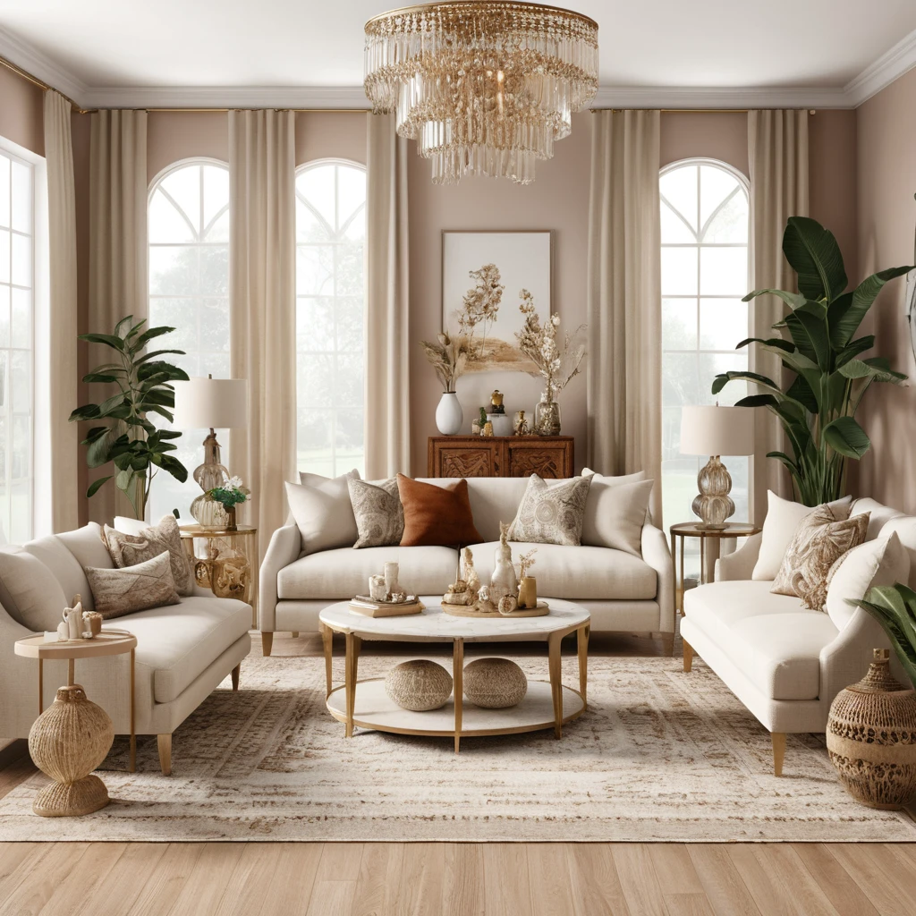 Sala de estar boho com detalhes em bege em renderização 3D