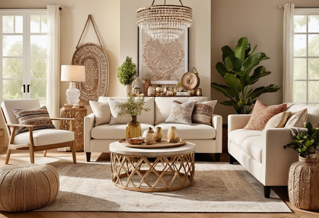 Bohemian style living room with creamy beige accessories