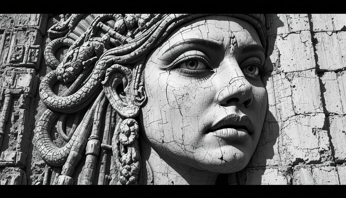 Sin City style close up of ancient stone serpent goddess