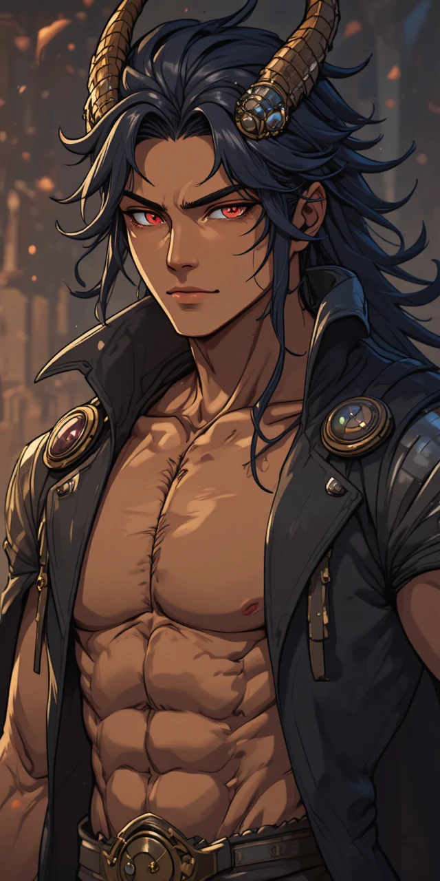 Guerrero de anime musculoso con cuernos de dragón y ojos dorados