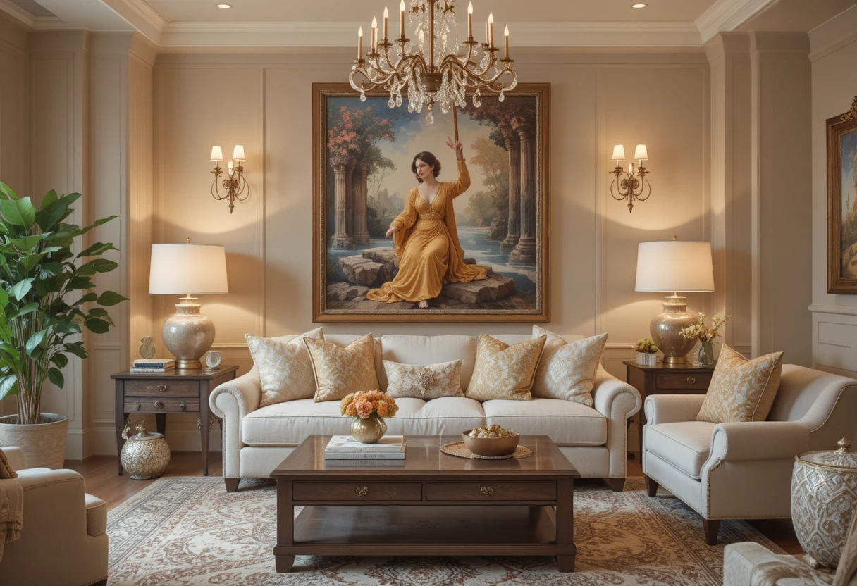 Bohemian living room with creamy beige decorative accents