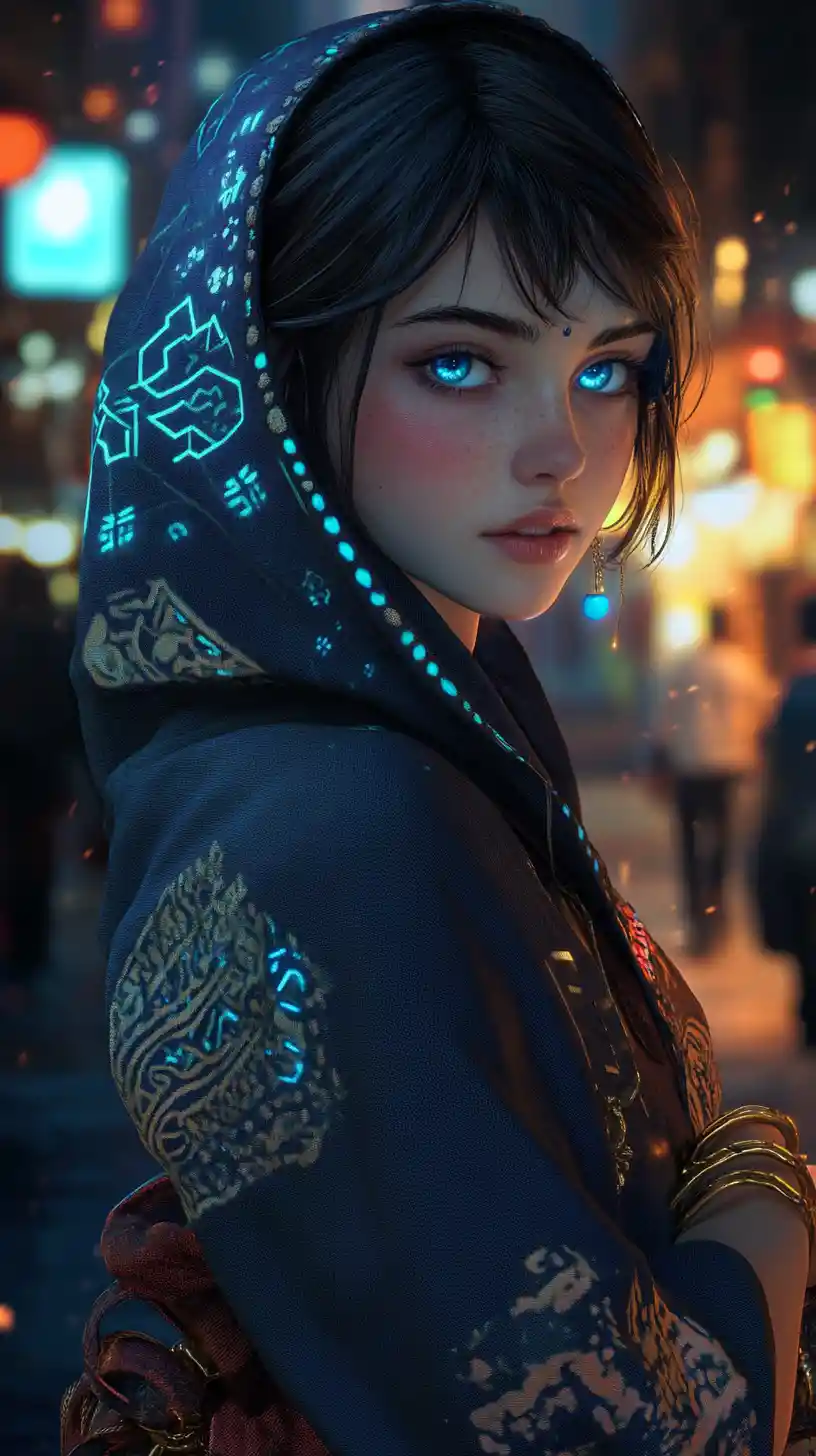 Ragazza anime contemplativa in un vicolo cyberpunk luminoso