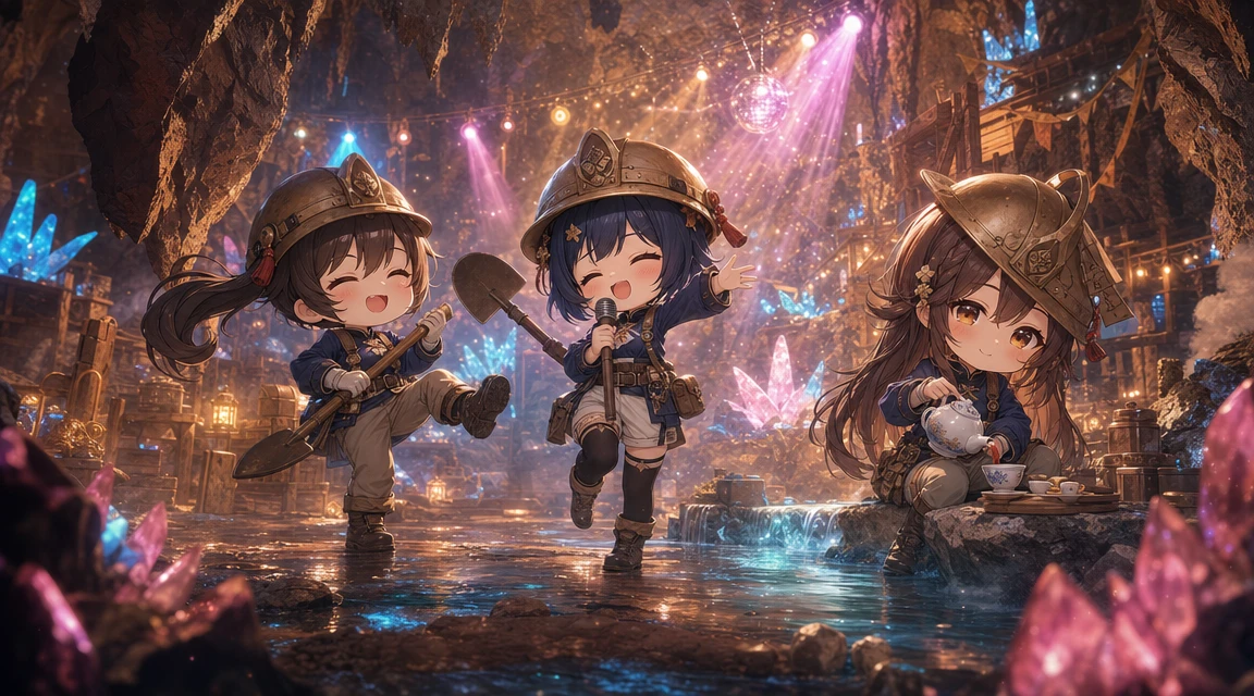 Minatori chibi che ballano e si rilassano in una grotta luminosa