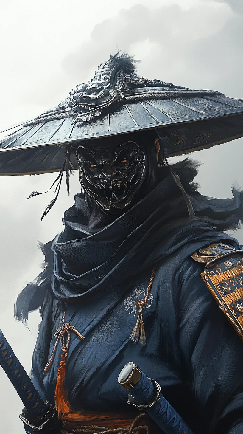 Retrato de guerreiro blindado com máscara oni e armadura de dragão