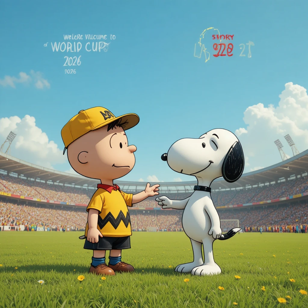 Menino e cachorro em desenho animado cumprimentando torcedores na Copa do Mundo de futebol