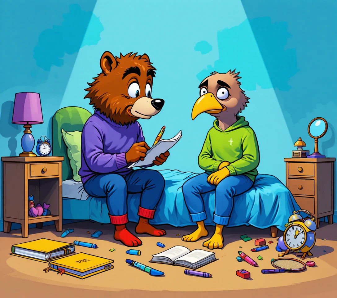 Ours et oiseau de dessin animé discutant sur un lit bleu de chambre