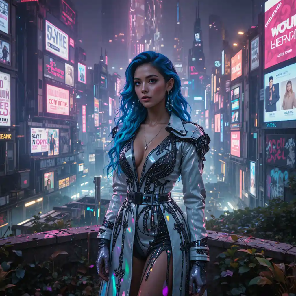 Donna fashion cyberpunk in giardino sul tetto sotto la pioggia